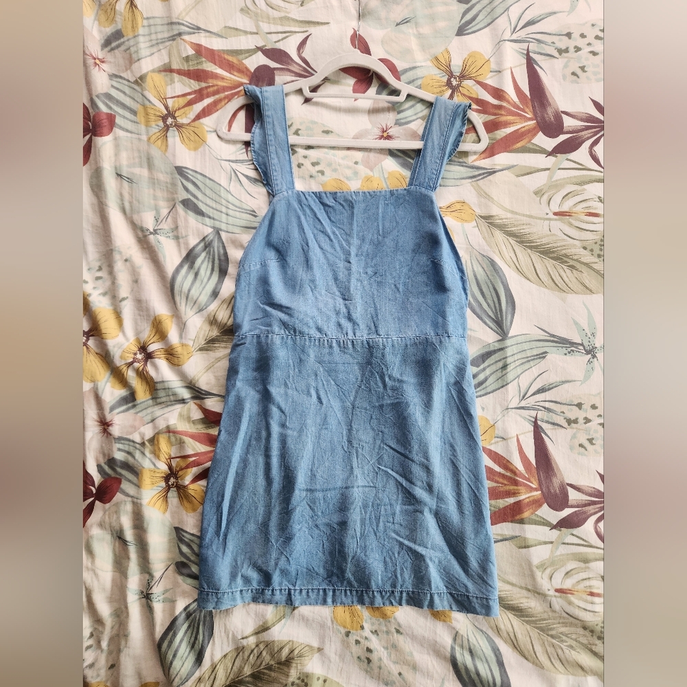 Zara Blue Farmgirl Denim Mini Dress Delicate Ruffle Strap Apron Back